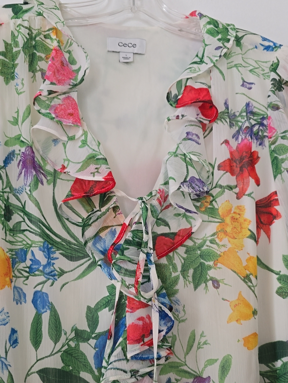 CeCe Sheer Ruffle Tie-Front Floral Blouse in Multi - Picture 2 of 2